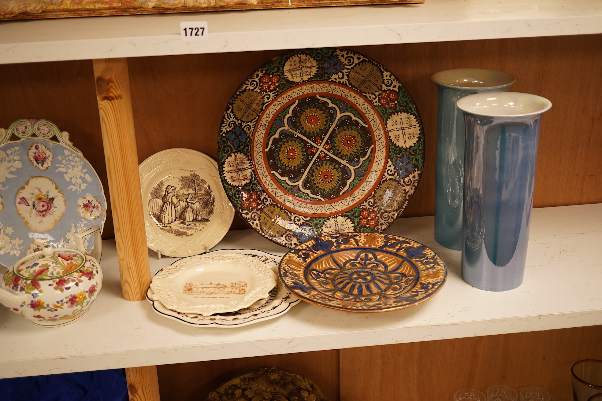 A quantity of 19th century and later plates, comports, vases etc. Tallest a pair of lustre Carltonware vases 26cm high